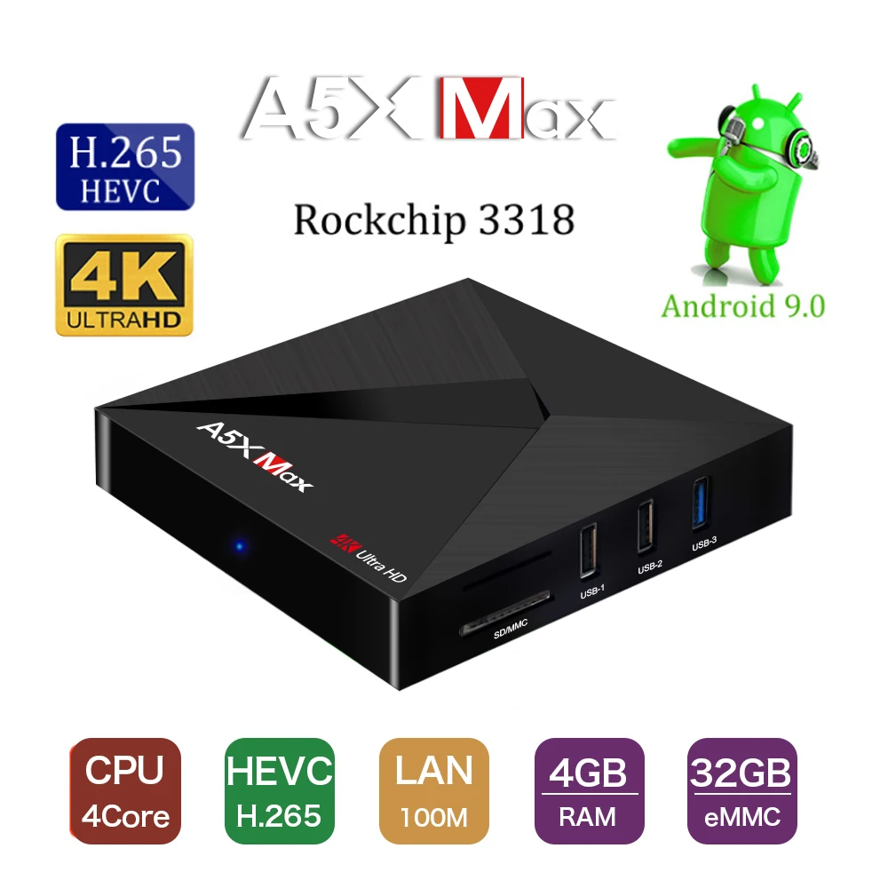  A5X MAX Android 9.0 Smart TV Box Quad-Core 4GB 32GB 4K WiFi Bluetooth 4.0 Google Netflix Youtube Me
