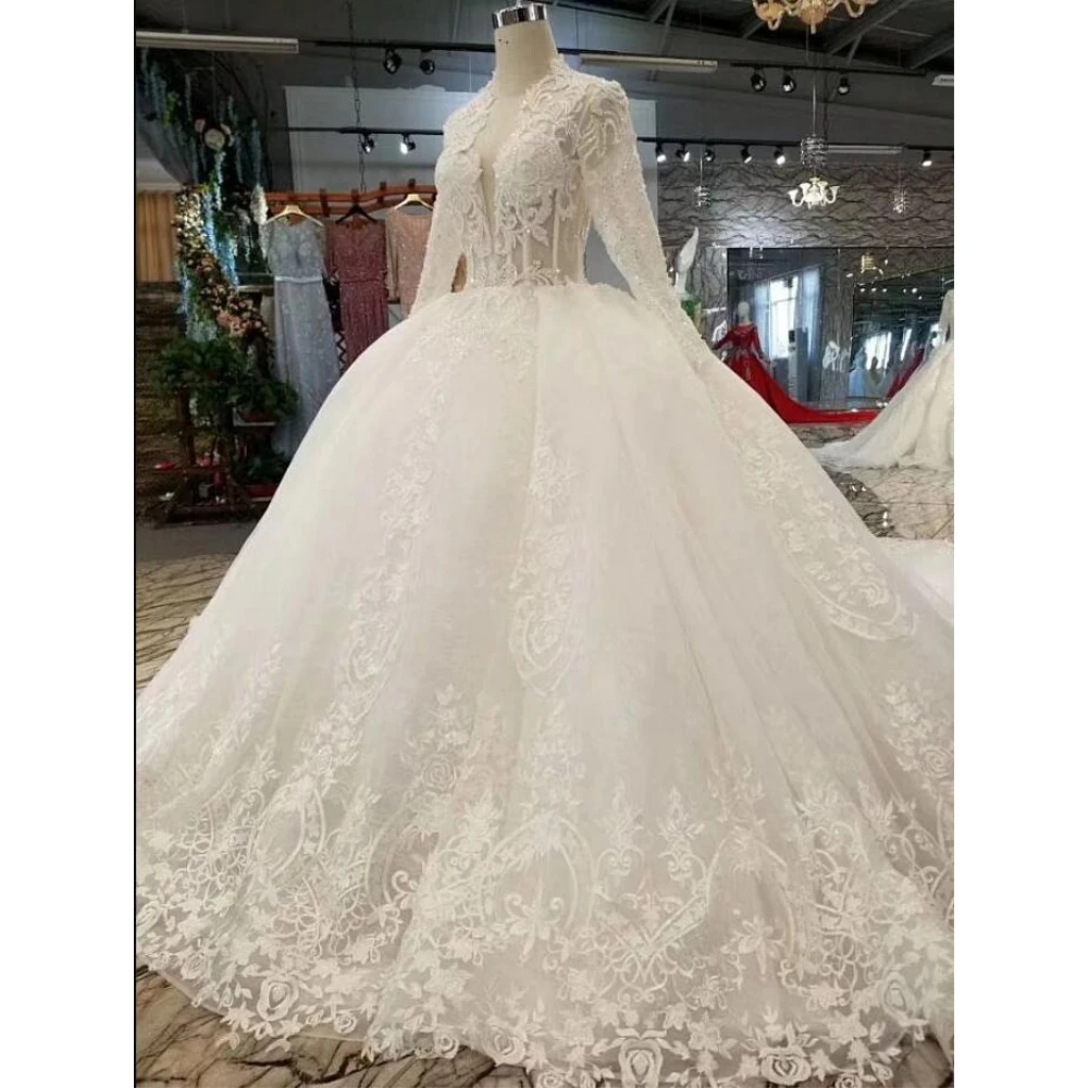 Off White роскошное кружевное свадебное платье с вышивкой и длинным рукавом ручной работы