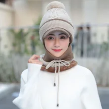 Женская шапка шарф 2 в 1 комплект осень зима женские подарочные толстые теплые уличные ветрозащитные Плюшевые Вязаные наушники шерстяная шапка