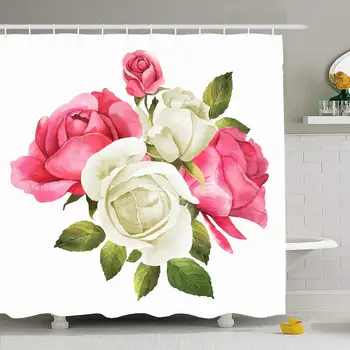 

Shower Curtain Set with Hooks 72x72 Roses Wedding Watercolor Flower Bloom Bouquet Pink Vivid Branch White Element Drawing Leaf