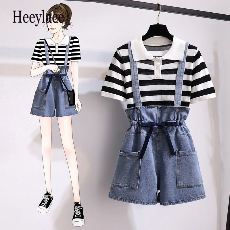 women korean Summer two pieces set for women striped knitting short sleeve top and denim shorts sets women 2 pcs outfits 2021 skirt and top co ord