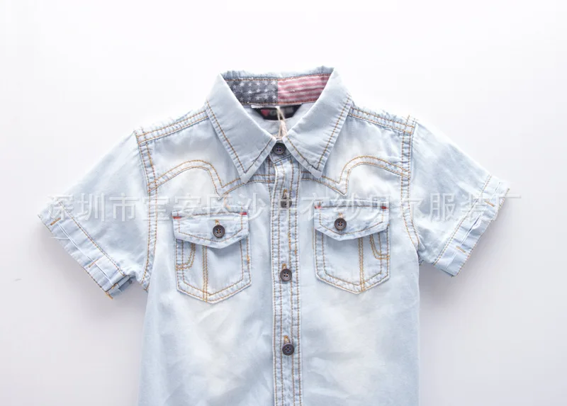 Летняя оригинальная Брендовая детская одежда для мальчиков; мягкая джинсовая рубашка с короткими рукавами