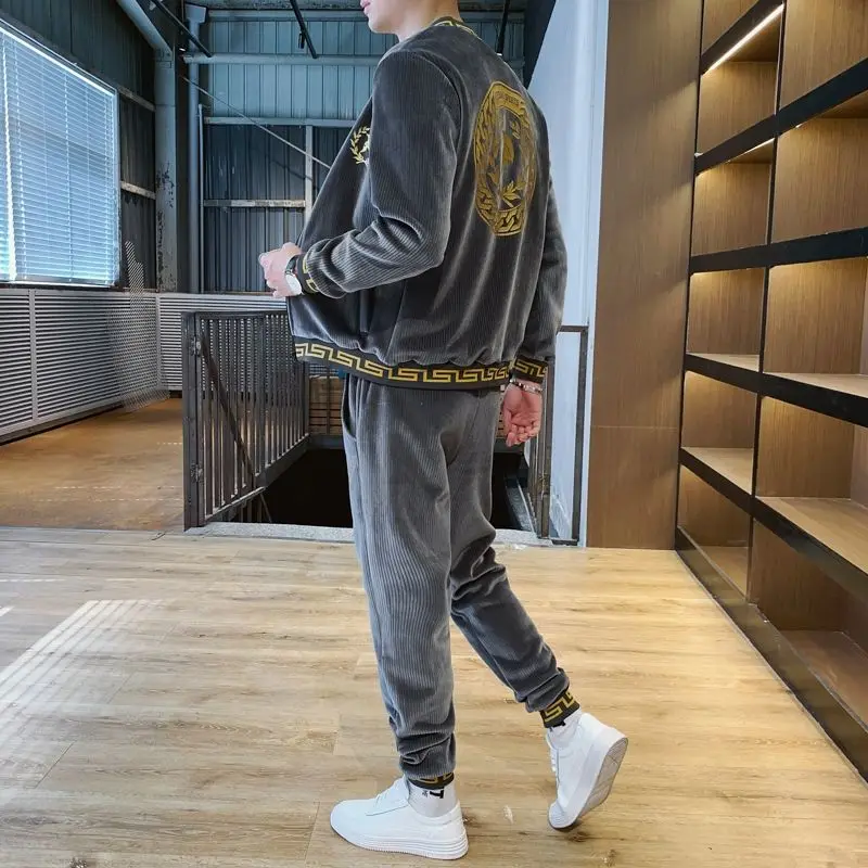 

Men's sportswear autumn winter zipper jacket pants casual men's two piece velvet set