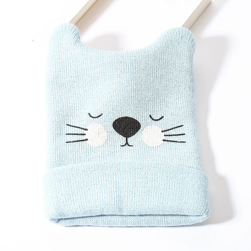 skyblue beanie Милые вязаные шапочки с принтом кота, детские теплые шапки осень-зима, мягкие вязаные шапки в Корейском стиле с кошачьими ушками, кавайные шапочки для девочек и мальчиков - Цвет: skyblue beanie