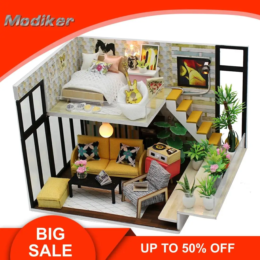 

DIY Handmade Musician Guitar Nordic Style Wooden Cabin Assembly Building Model Toy Set with Light and Music - Cynthia Holiday