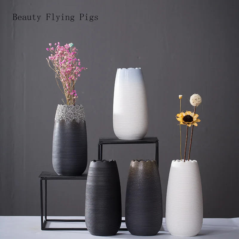 

Modern Black White Dried Flower Vase Ceramic Crafts Living Room Bedroom Study Desktop Flowers Arrangement Vases Home Decorative