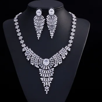 

TOP QUALITY MICRO-INLAY WATER DROP CUBIC ZIRCONIA STONE BIG VINTAGE ROYAL WEDDING NECKLACE AND EARRING JEWELRY SET FOR BRIDES