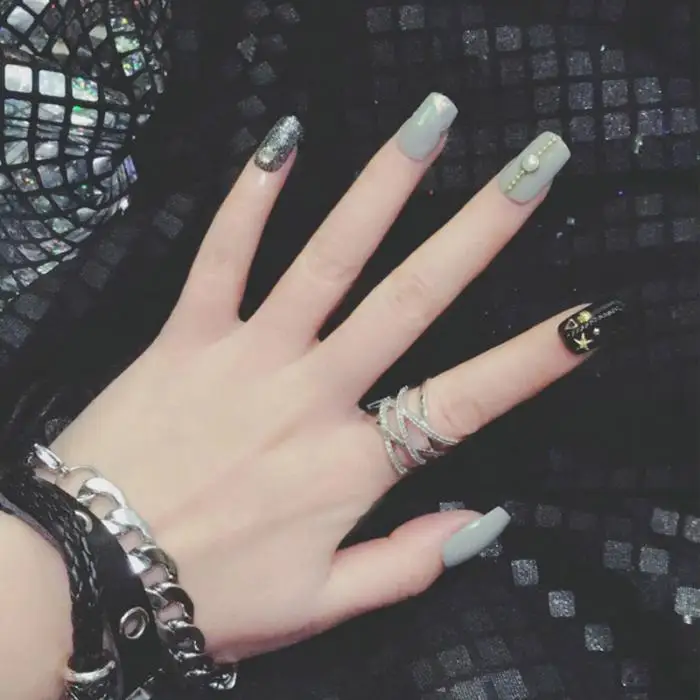 24 шт модные персональные Волшебные накладные ногти серые черные заклепки фототерапия поддельные ногти искусственные ногти с клеем