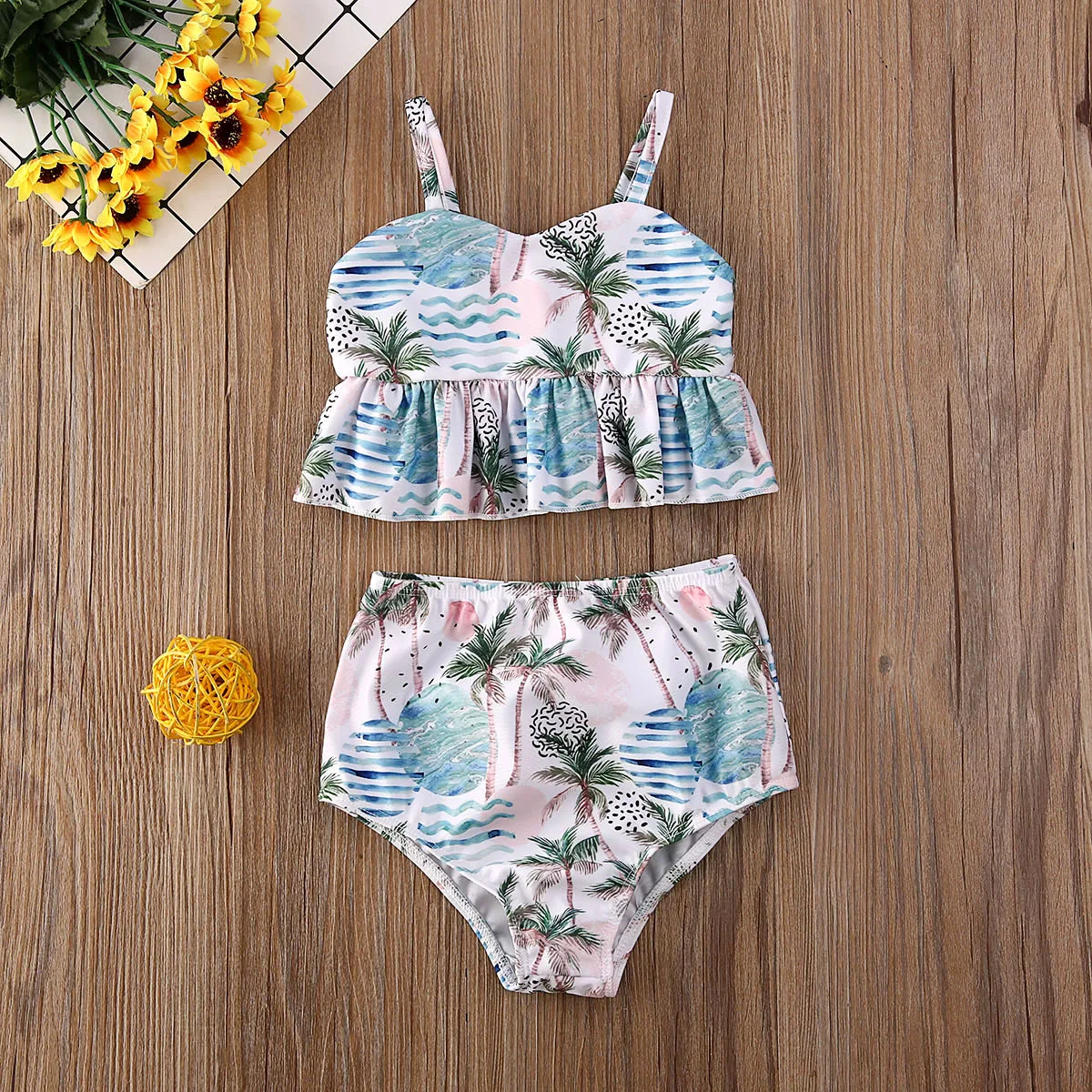 Модный трендовый купальный костюм из 2 предметов для маленьких девочек, одежда для купания с рисунком кокосовой пальмы, летняя пляжная одежда