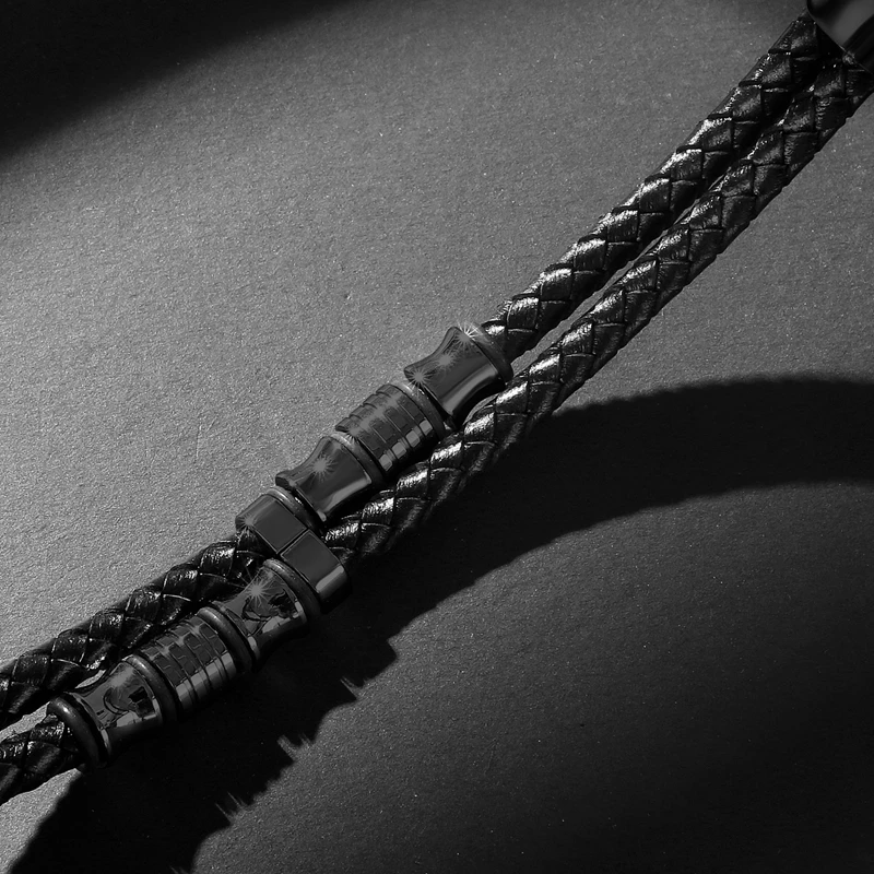 MOZO Модные мужские ювелирные изделия черный кожаный плетеный трос цепи из нержавеющей стали высокого качества браслеты для мужчин вечерние подарки 067
