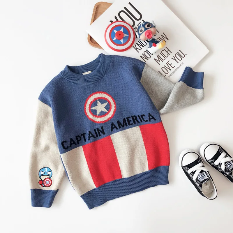 

INS Hot Selling Boys' Sweater 2019 Autumn New Style Cartoon America Captain Superman Loose-Fit Western Style Kids' Sweater