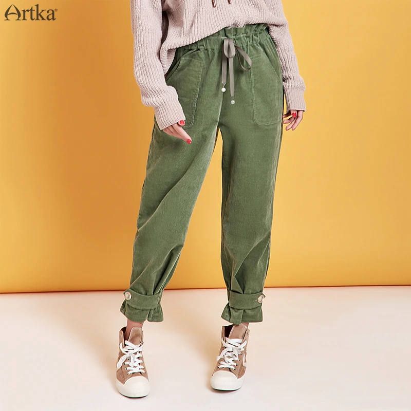 ARTKA Autumn Winter New Women Pants High Waist Casual Pants Corduroy Cargo Pants Fashion Joggers Women KA10099Q