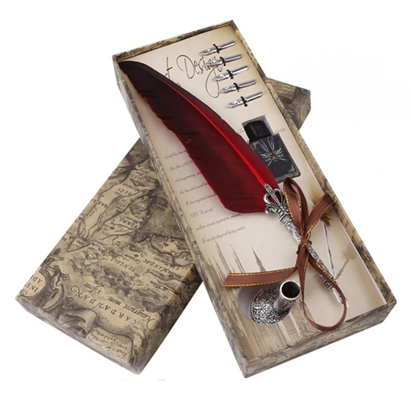 

1Set English Calligraphy Feather Dip Pen Writing Ink Set Stationery Gift Box with 5x Nib Wedding Gift Quill Pen Fountain Pen N