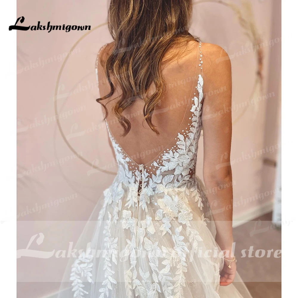 Sexy A-Line Backless Wedding Dress Vintage Lace Applique Beaded Off White Tulle Wedding Gowns Trouwjurk Long Bridal Dress Wedding Dresses