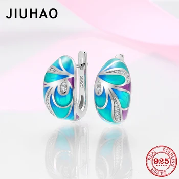 

Women Earrings Genuine 925 Sterling Silver HANDMADE Enamel blue Flower CZ Earrings fine Jewelry