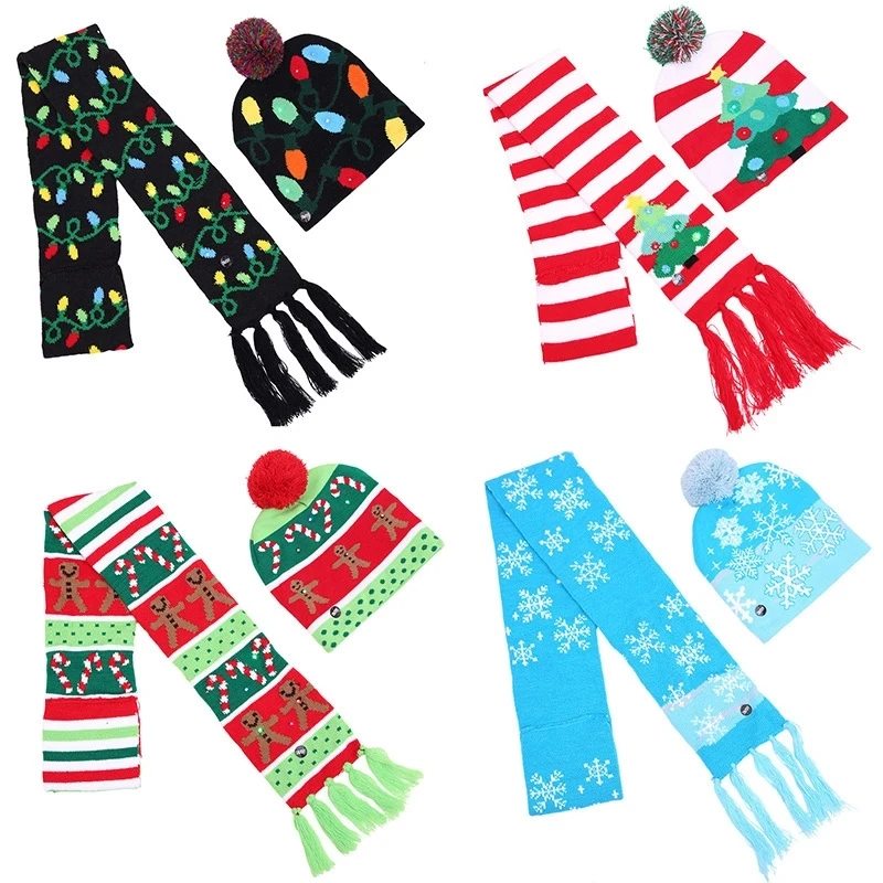 LED Knitted Christmas Hat Scarf for Adults and Children Beanie Light Up Illuminate Warm Hat New Year Christmas Decor with Ball