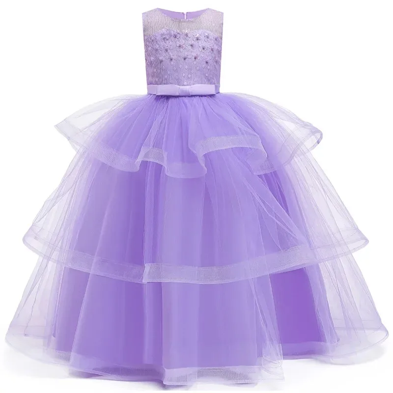 Детские платья для девочек-подростков на свадебную вечеринку; торжественное длинное платье с бусинами и цветами для девочек; детское рождественское платье - Цвет: purple