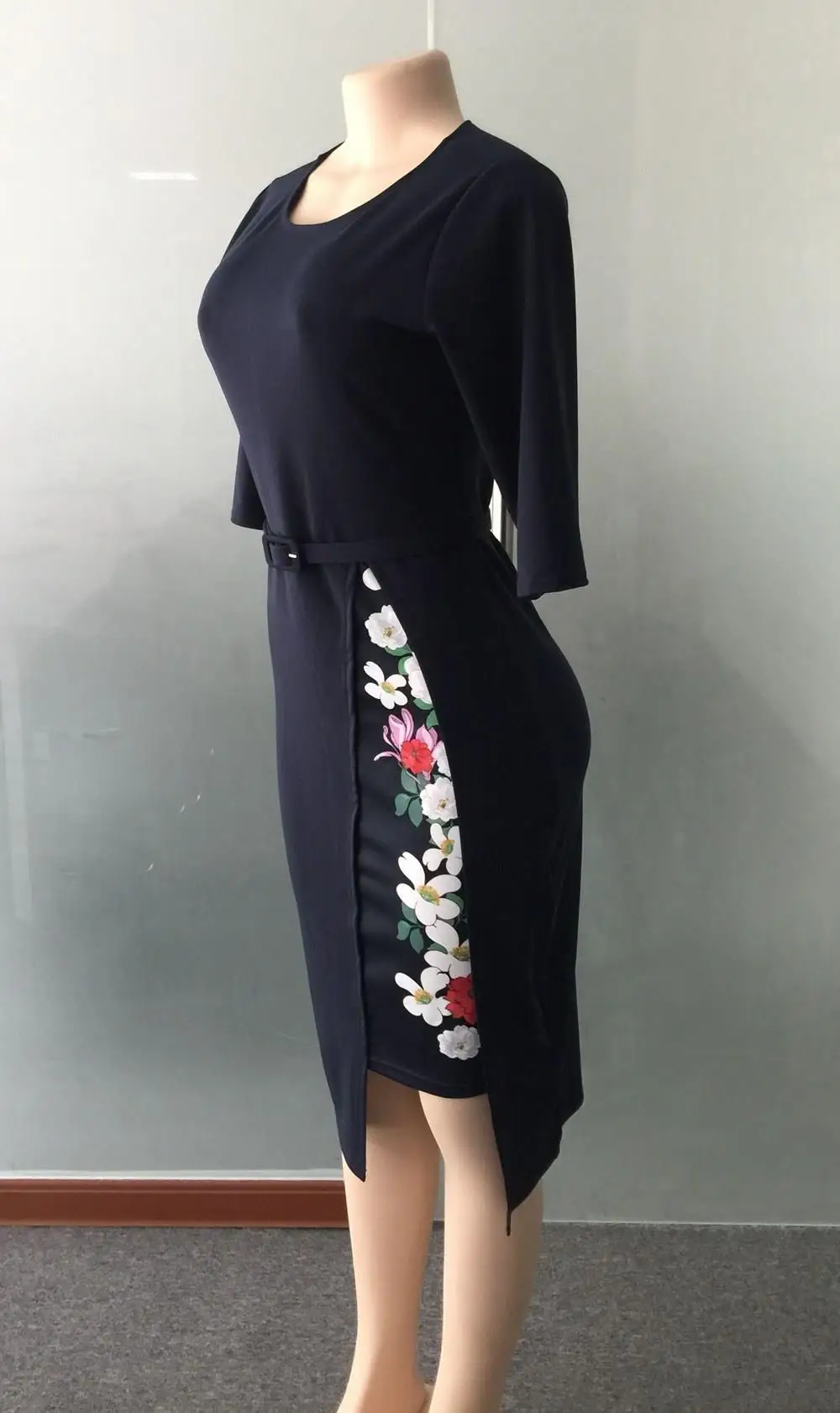 Fashion Fall Half Sleeve Floral Print Pencil Dress Women Split Sashes Midi Dress Ol Work Office Dress