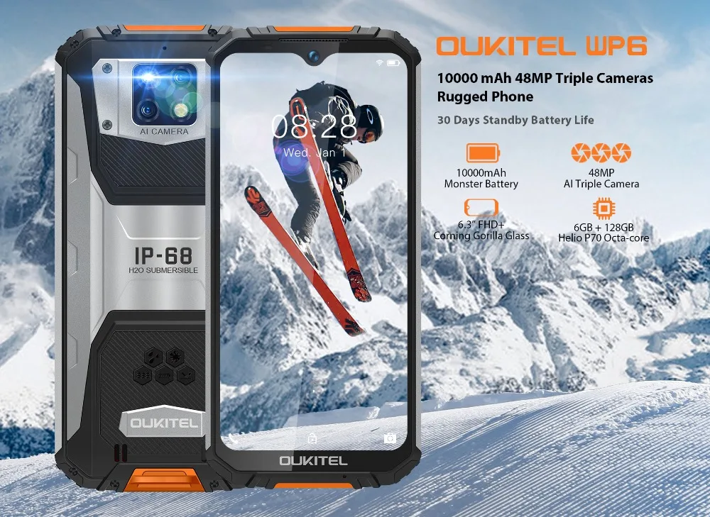 OUKITEL WP6 6GB+128GB IP68 Waterproof 10000mAh Smartphone 6.3'' FHD+ 48MP Triple Camera Octa Core Rugged Mobile Phone good cell phone for gaming