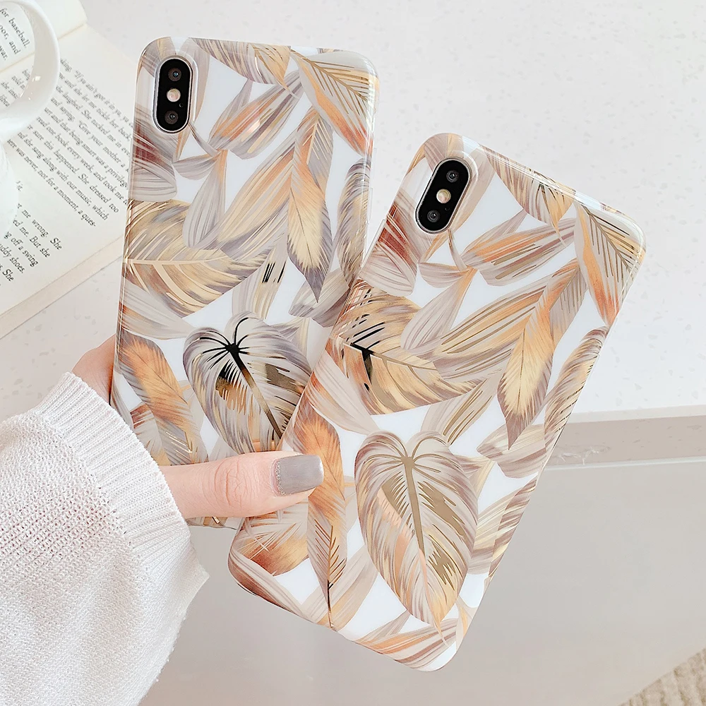 

TIKITAKA Stylish electroplated golden leaves Phone case for iPhone XS Max XR X 8 7 6 6S Plus Soft Silicone Back Cover Coque Gift
