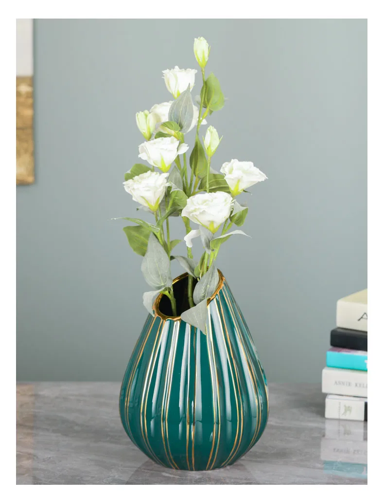 Ceramic Vase Decoration Emerald Golden Grain Road Oblique Mouth Artificial Flower Arrangement Ornament Home Furnishings
