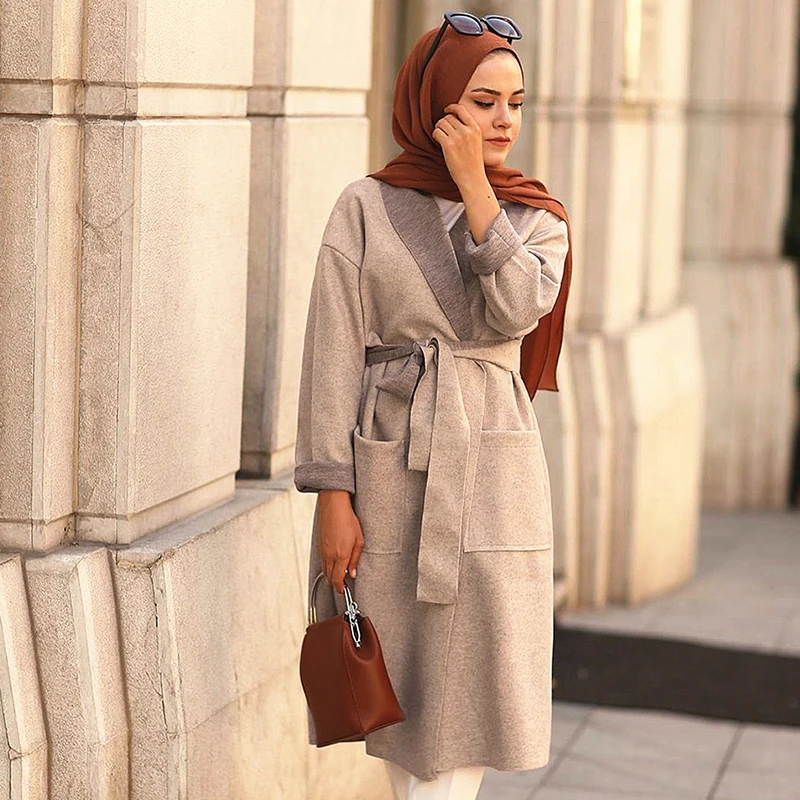 Light Coffee coat Siskakia шерстяное пальто длинное зимнее мусульманское женское кимоно Пальто серое свободное размера плюс передние карманы с поясом - Цвет: Light Coffee coat