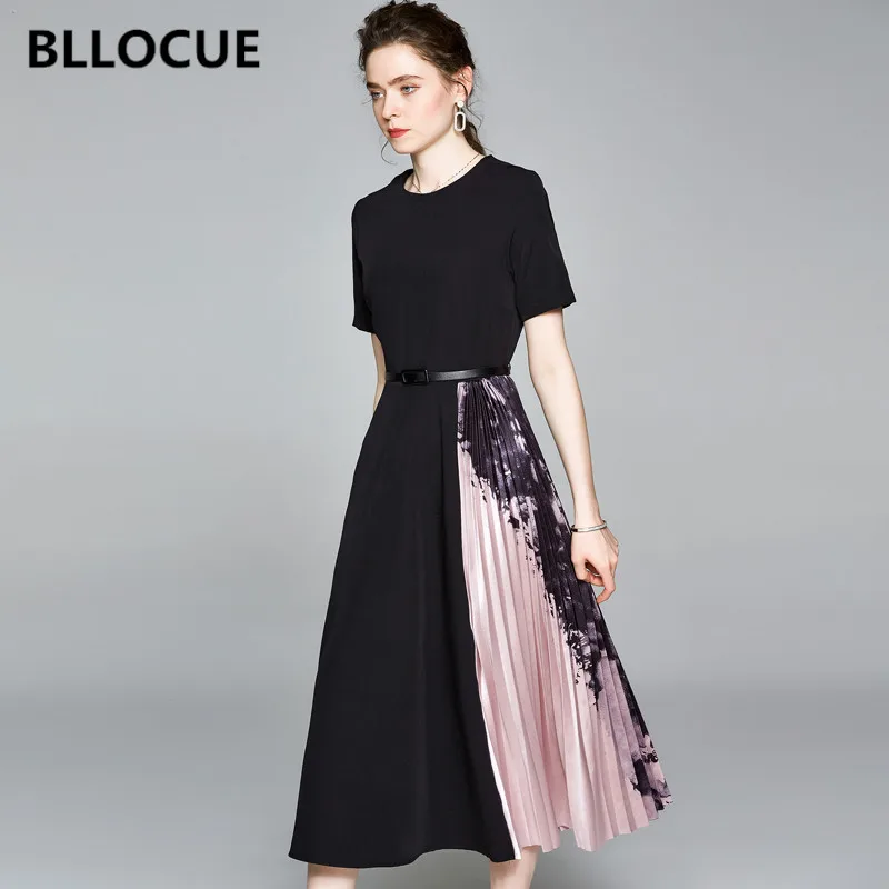 BLLOCUE 2020 New Runway Summer Print Pleated Patchwork Dress Women Elegant Office Party Midi Dress With 