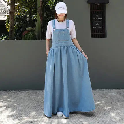 

Summer Wear New Style Cowboy Strapped Dress Women's over-the-Knee Grow to Foot-binding Big Hemline Loose And Plus-sized Fashion