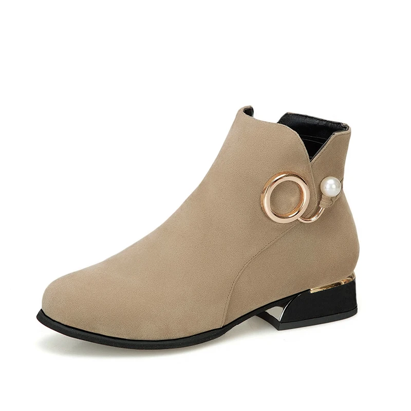 Женские ботильоны; повседневные ботинки из флока на молнии с жемчугом; классические ботинки на толстом среднем каблуке; модная плюшевая теплая зимняя обувь на меху; женская обувь
