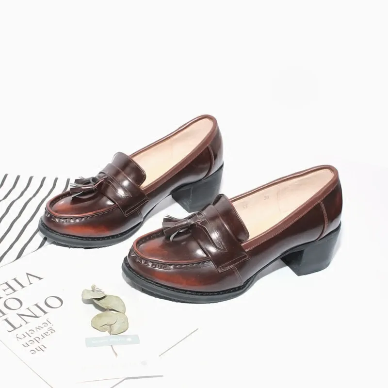Loafer Pumps Shoes Women Vintage Genuine Leather Women's Shoes Brogues Thick High Heel British College Tassel Women Pumps Oxford (4)