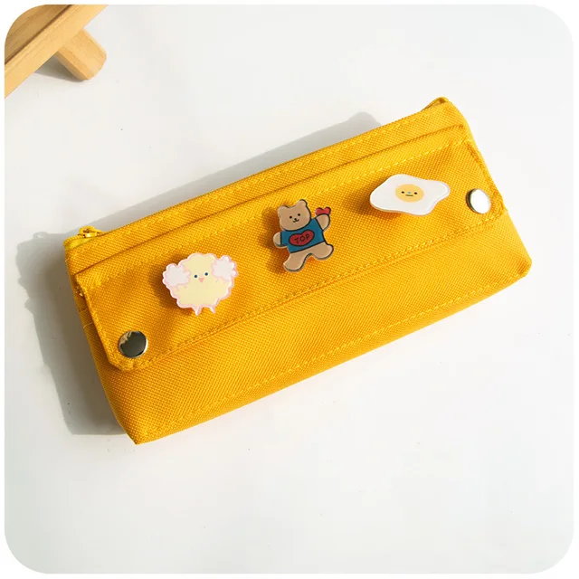 kawaii Large Pencil Case Stationery Storage Bags Canvas Pencil Bag Cute Makeup Bag School Supplies for Girl Kids Gift w/ Badge B-Yellow