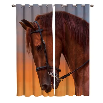 

A Close -Up Reddish-Brown Horse Dusk Blackout Window Curtains Dark Curtain Rod Living Room Indoor Drapes