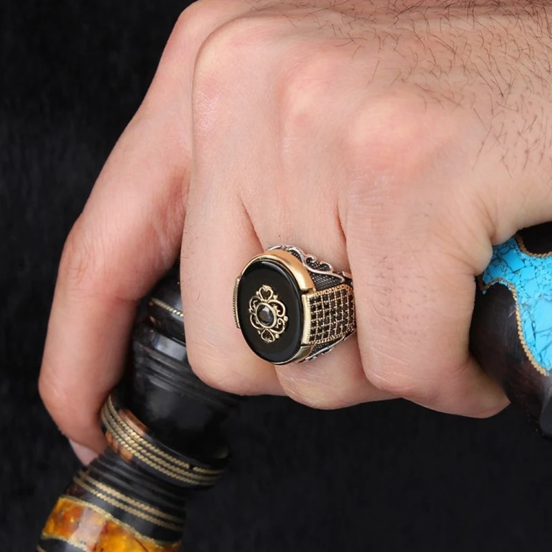 Fashion Generous Rings For Men Simple Black Zircon Geometry Jewelry Turkish Handmade Punk Rings Islam Religious Muslim Jewelry