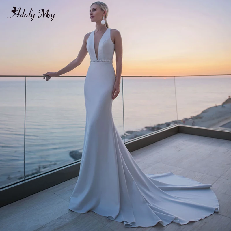 

Adoly Mey Sexy V-Neck Backless Satin Mermaid Wedding Dresses 2020 Luxury Sashes Beaded Court Train Trumpet Bride Gown Plus Size
