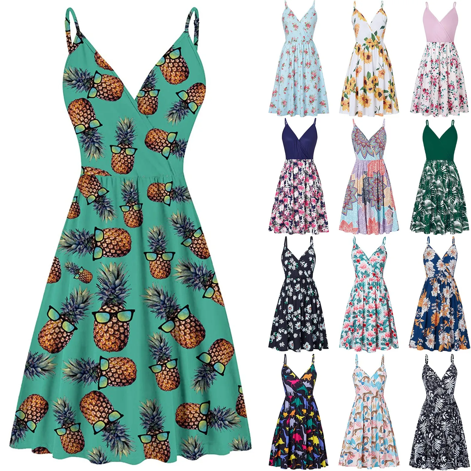 Women's Vintage Dresses Ladies Casual Sexy Suspender Mid-length Dress Temperament V neck Fashion Print Dress Summer Beach Dress 1