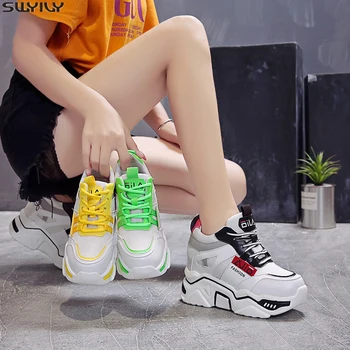 

SWYIVY 34 PU Mixed Color Casual Shoes Women Sneakers 2019 New Autumn Super High Platform Sneakers For Women Wedges Shoes Female