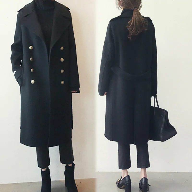 Осенне-зимнее шерстяное пальто женское длинное Новое корейское темперамент двойная кнопка Женская популярная верхняя одежда шерстяное пальто плюс размер