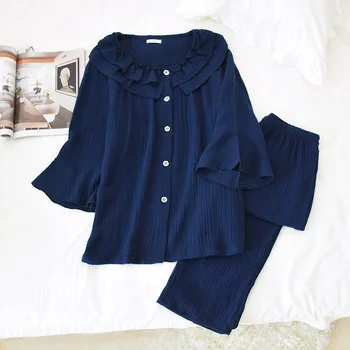

Korean Style Pajamas Set Ladies Thin Baby Collar Pure Cotton Washed Crepe Long-sleeved Sleepwear Women's Suit Pijama Verano