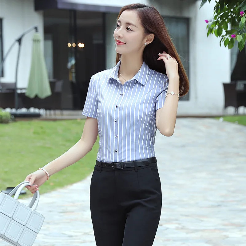 

2018 Spring And Summer Fashion Work Clothes Business Short-sleeved Shirt Women Dress Stripes Shirt Slim Fit Large Size Work Clot