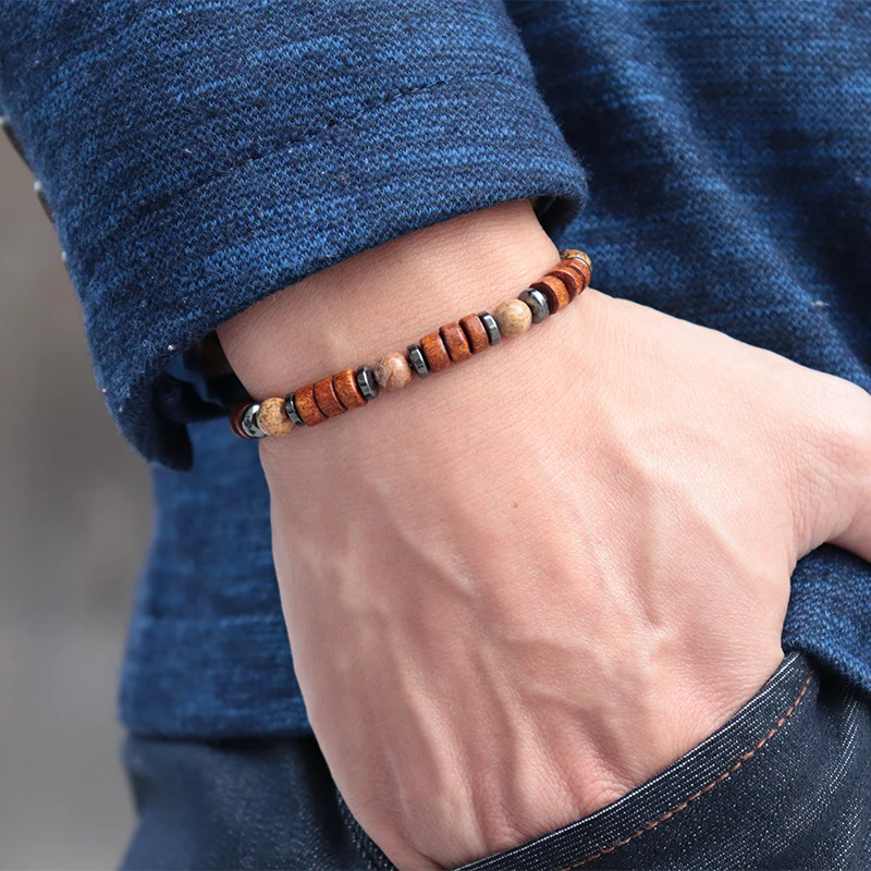 Wenge Wood Hematite Tiger Eye Stone Mens Bracelet