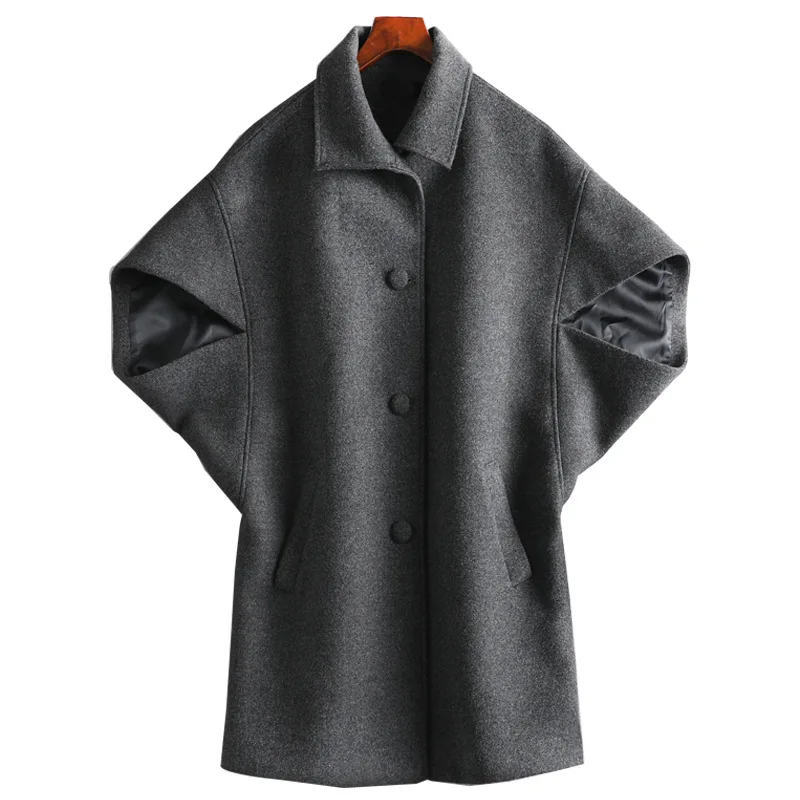 

2019 New Woollen Overcoat Plus Size 5XL Women Batwing Sleeve Turn-down Collar Dark Grey Jacket Lady Winter Streetwear Oversize