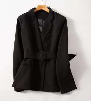

2020 New V-neck Black Women's Blazer Coat Ladies Slim Office Single Button Outwear Suit Female Jacket Top With Belt