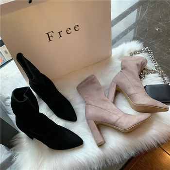 

Women Pointed Toe Ankle Boots Sock Boots Flock Spike High Heels Slip On Fashion Boots Winter Short Plush Boots Woman Size 35-40