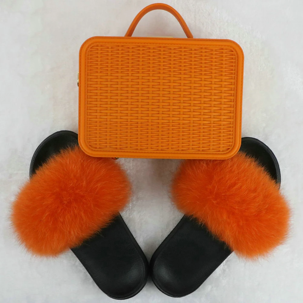 Orange set Женские шлепанцы с натуральным лисьим мехом комплект сумочки радужных желейных сумок пушистые сандалии из енота модная женская походная сумка для обуви - Цвет: Orange set
