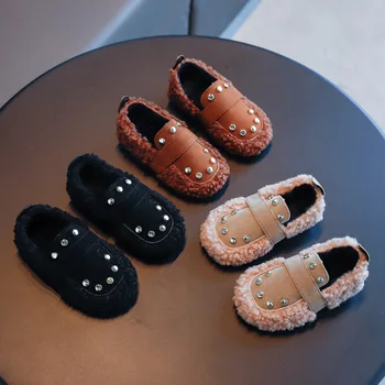 

2020 autumn and winter new rhinestone plush flat children's single shoes cute warm princess shoes for children
