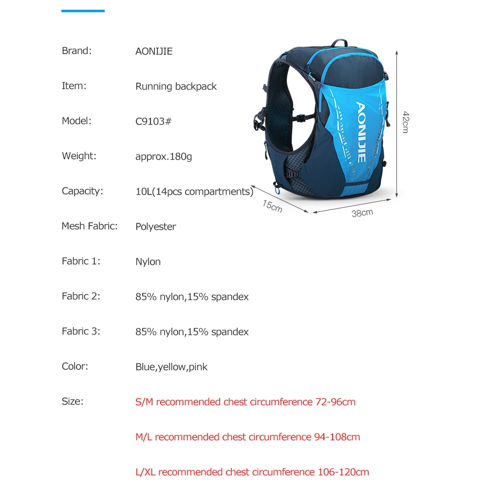 US $54.90 AONIJIE C9103 Black Ultra Vest 10L Hydration Backpack Pack Bag Free Water Bladder Bottle Trail Running Marathon Race