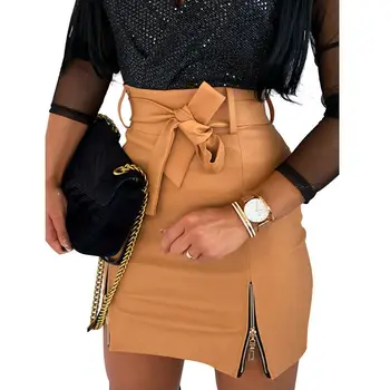 

2020 Newest Hot Womens High Waist Solid PU Leather Mini Skirts Ladies Zipper Bandage Bodycon Pencil Skirts Office Wear
