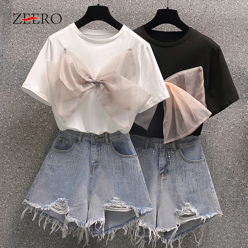 

Женский костюм из двух предметов Summeer, футболка с большим бантом, коротким рукавом, круглым вырезом и свободные джинсы с завышенной талией, потертые бриллианты