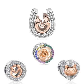 

Silver 925 Original mom&kid heart cat Beads with CZ stone Fit Authentic Pandora charms Bracelet diy Jewelry making women Gifts