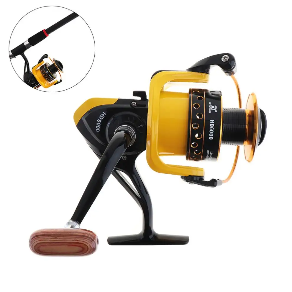 

12BB 6000 Fishing Reel Spinning Wheel 18kg Drag Power with Double Colour Metal Line Cup WoodenHandle Knob Spinning Fishing Reels